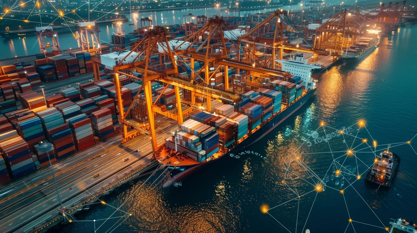 항만 디지털 운영 레이어를 강조한 16:9 일러스트
